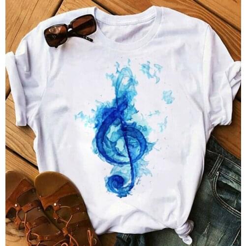 Color Musical Note Womens Top Musical Note ECG Womens Summer T-shirt Fashion Womens Round Neck White T-shirt