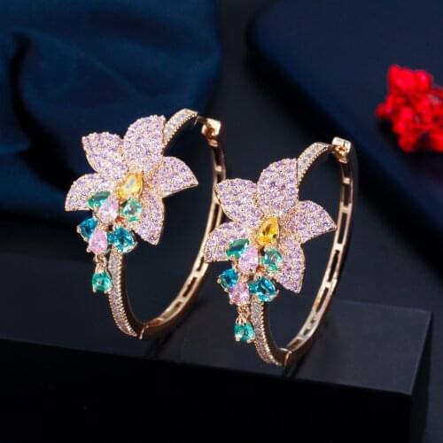 Colorful Cubic Zircon Gold Color Big Tassel Flower Charm Round Hoop Earrings For Women Luxury Designer High Quality Jewelry