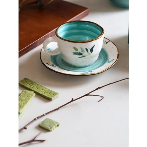 Home creative ceramic green leaf imprinted coffee cup plate office handmade drinking cup afternoon tea cup saucer drinkware