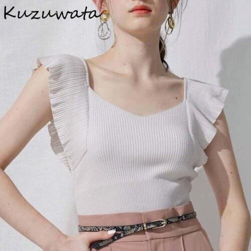 Kuzuwata Japan Style Sweet Women Jumpers Square Collar Flying Sleeve Solid Thin Knitted Pullover 2021 Summer New Fashion Tops
