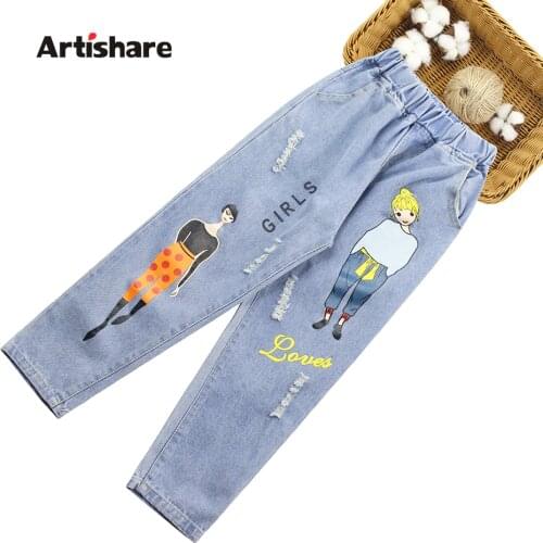 Jeans For Girl Cartoon Pattern Kids Jeans Girls Casual Style Children Jeans Spring Autumn Childrens Clothes 6 8 10 12 14