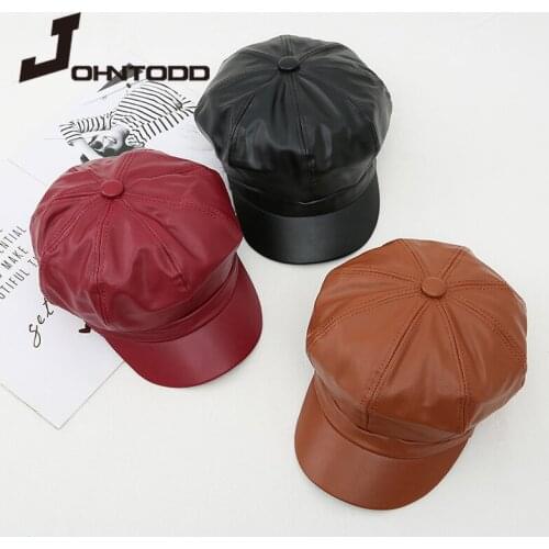 2021 High Quality Women Leather Newsboy Cap Fashion Artist PU Leather Female Octagonal Cap Spring Winter Casual Beret Flat Hat
