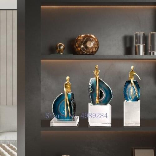Metal Golden Sculpture Crystal Natural Agate Handmade Crafts Ornaments Abstract Modern Home Decoration Furnishings Accessories