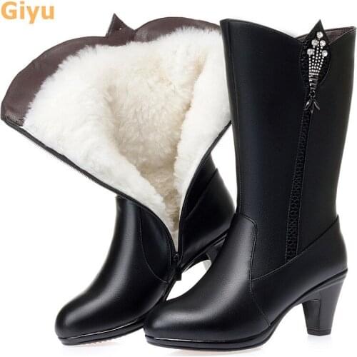 Fashion womens boots 2020 winter new Genuine Leather High heel riding boots wool Mid-Calf boots Womens black plus size shoes