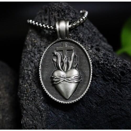 Christian Jesus Sacred Heart Medal Round Cross Pendant Necklace Mens Catholic Religious Pendant Chain Necklace
