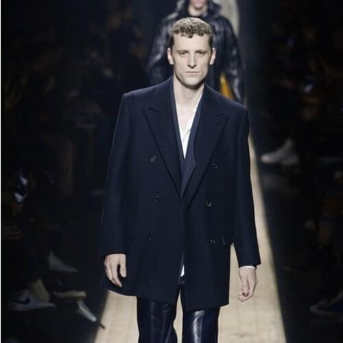 Mens woolen coat loose business European and American thickened navy blue suit collar casual woolen coat