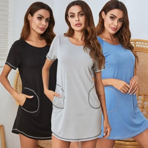 New Side Pocket Short Sleeve Womens Nightdress Loose Home Nightdress Ladies Pajamas Suit Simple Style Long Pajamas Home Servic