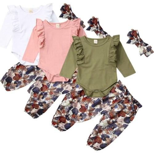 Girl Clothes Newborn Kid Baby Girls Long Sleeve Bodysuit +Flower Pants +Headband 3pcs Outfit
