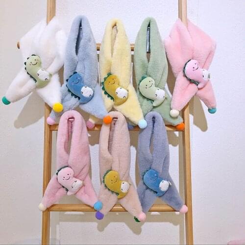 Autumn Winter Warm Plush Baby Scarf Cartoon Dinosaur Thick Infant Toddler Neck Warm Soft Faux Fur Pompom Kid Girl Boy Scarves