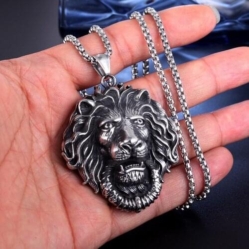 Punk Hip Hop Domineering Lion Head Pendant Necklace Men Gothic Stainless Steel Biker Animal Necklace Chain Jewelry Wholesale