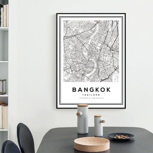 SURE LIFE Modern Black and White Bangkok City Map Thailand Travel Canvas Painting Poster Print Wall Art Pictures for Home Decor