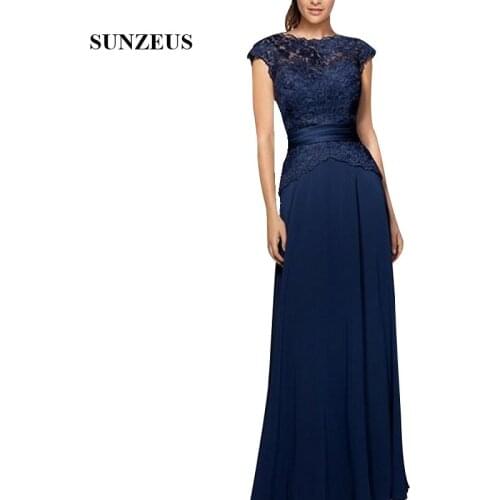 A-line Long Bride Mother Dresses Lace Cap Sleeves Navy Blue Chiffon Mother Of The Groom Gowns Lady Party Dress For Wedding