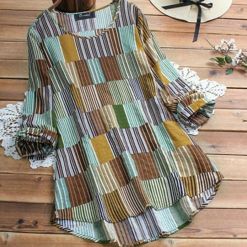 Women Baggy Tunic Tops Long Sleeve Retro V Neck Casual Loose Plaid Blouses Boho Summer Lady Vintage Clothes Plus Size L-5XL
