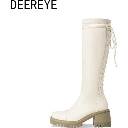 2021 Autumn Winter Classic Women Knee-High Knight Boots Lace-Up Cross Straps European Style Split Leather Thick Heel Long Shoes