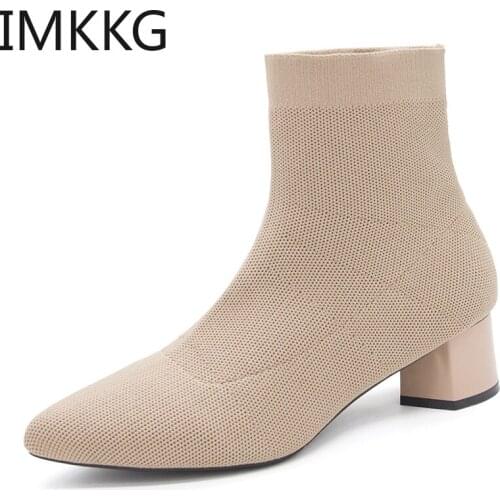 Women Knitting Elastic Autumn Ankle Boots Square Middle Heels Female Pointed Toe Short Sock Boot Ladies Casual Shoes F90346