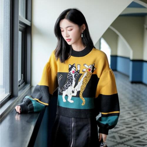 2019 Autumn New Short Pullover Sweater Spring Cat Cartoon Pattern Knitting Sweater Ladies