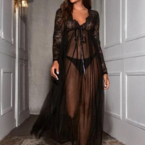 FUFUCAILLM Women Summer Night Dress V neck Lace Long Sleeve Mesh Sheer See Through A-line Long Dress Lingerie Sexy Sleepwear