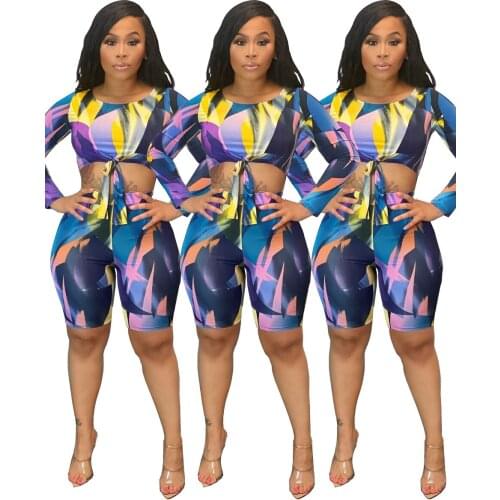 60A5224 Europe and the United States womens 2021 hot spring new fashion sexy digital printing lace up two-piece suit crop top