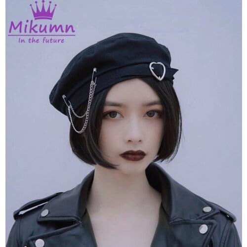 Harajuku Metal Love Heart Buckle Chain Black Beret Hats Women Girls Streetwear