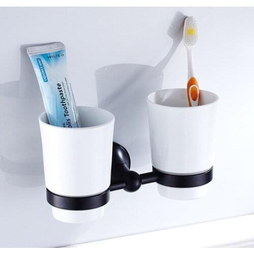 Black Bathroom Hardware Pendant Copper Material Black Bronze Rinse Cup Ceramic Cup Holder Double Cup Holder Toothbrush Holder