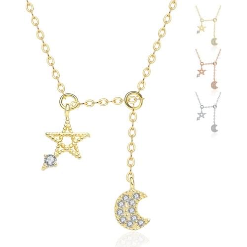 Pure 925 Sterling Silver Jewelry Fashion Necklaces for Women Star & Moon with Sparkly Zirconia Pendant Necklaces Silver Jewelry