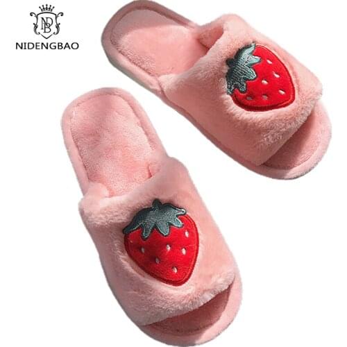 Cartoon Home Fur Slippers Women Winter Warm Plush Slides Pineapple Ladies Flats Shoes Strawberry Egg Home Women Slipeprs