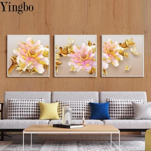 Pink peony flower 5d diy diamond painting cross stitch full square/round 3 pcs mosaic diamond embroidery wall art home decor
