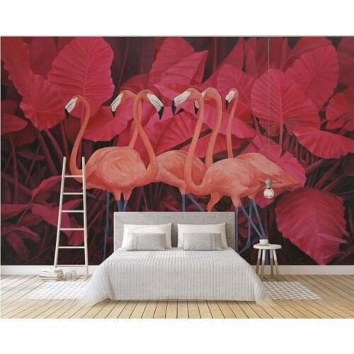 Red tropical plant leaf flamingo 3d wallpaper mural papel de parede,living room TV sofa wall bedroom wall papers home decor cafe