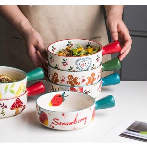 EECAMAIL Cute Japanese Oatmeal Breakfast Bowl Childrens Bowl with Handle Household Hand Handle Baking Bowl Salad Bowl