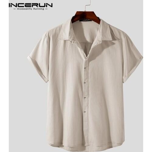 Men Cotton Shirt Streetwear Solid Color Lapel Short Sleeve Tops Summer 2021 Vintage Button Casual Camisa Masculina INCERUN S-5XL