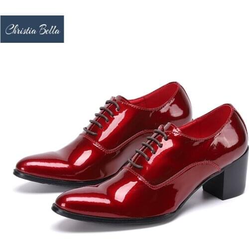 Christia Bella Sparkling Red Patent Leather Men Oxford Shoes High Heels Brogue Shoes Nightclub Party Lace Up Dress Shoes Male