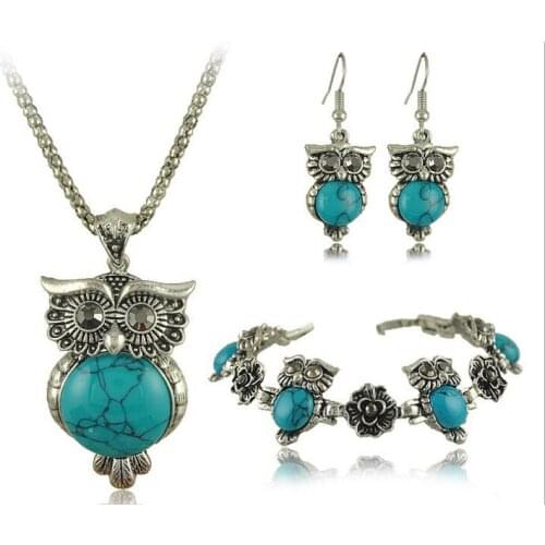 Bohemian New Women Cute Owl Jewelry Set Long Necklace Pendant & Earring & Bracelet Vintage Owl Animal Jewelry
