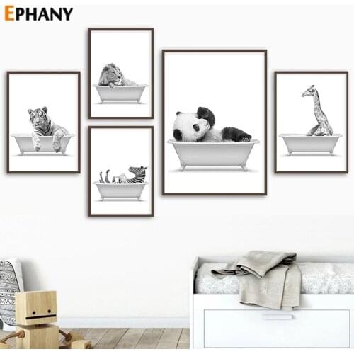 Bathtub Africa Animal Bathroom Wall Art Print Lion Elephant Zebra Canvas Painting Nordic Poster Pictures for Living Room