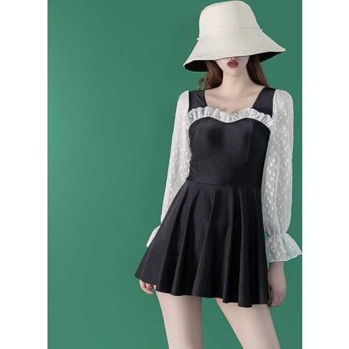 2021 New Sexy One Piece Swimsuit Women Solid Swimwear Short Sleeve Monokini Push Up Skirt Pleated Korea Bathing Suit