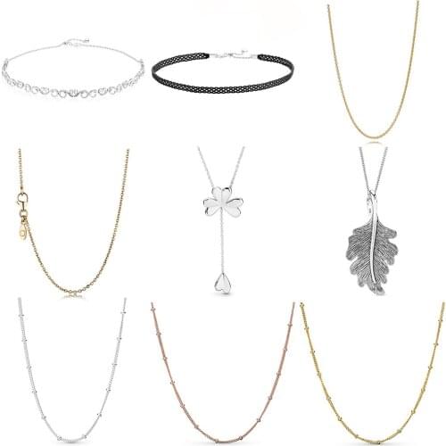 NEW 2019 100% 925 Sterling Silver Lucky Four-Leaf Clover Oak Leaf Necklace Pendant Clavicle Chain Fit DIY Original Women Jewelry