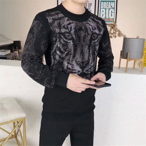 New top brand male tiger head slim long sleeve bright diamond hoodie topcoat sweatshirt