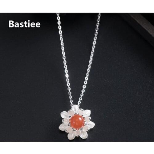 Bastiee 925 Sterling Silver Necklace Pendant Red Agate Lotus Flower Jewelry For Women Accessories Link Chain Necklaces