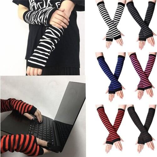 Fingerless Gloves Arm Sleeve Anime Women Fishnet Sports Emo Y2K Punk Striped Hand Warmer Mesh Long Gloves Cotton Fashion Sleeves