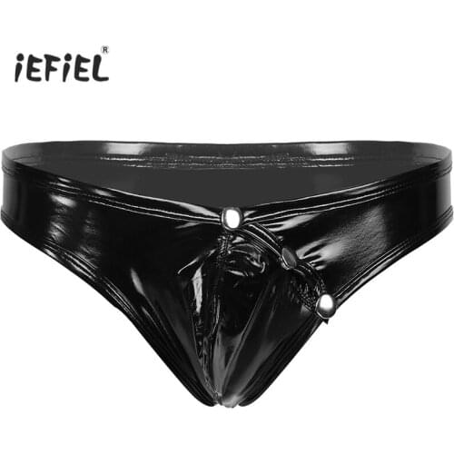 Sexy Gay Men Latex Underwear Black Shiny Metallic Leather Briefs Sissy Lingerie Panties Low Waist Bulge Pouch Briefs Underpants
