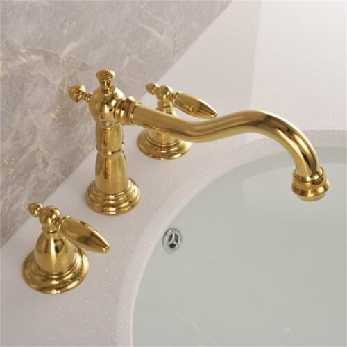 Bathroom Basin Faucets Gold Brass Sink Mixer Tap Widespread Hot & Cold Dual Handle Three-hole Deck Mounted Lavatory Crane Tap