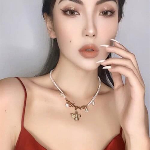 TIMEONLY Romantic Angel Boy Letter Simulated Pearl Choker Neckalce Shinning CZ Zirconia for Women Girls Luxury Party Jewellery