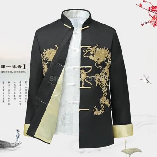 Traditional Chinese Style Embroidery Dragon Hanfu Blouse Wu Tang Suit Men Kung Fu T Shirts Tops Jackets Cheongsam New Year Coats