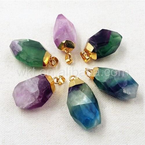 WT-P899 New Faceted Fluorite Pendant Natural Color Fluorite Faceted Stone with 24k Gold top Natural Stone Pendant Wholesale