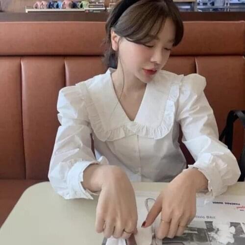 Korean Fresh Chic Fungus Peter Pan Collar Blouse Women Sweet Puff Sleeve Button-up Shirts 2021 Autumn Solid Elegant Blusas Mujer