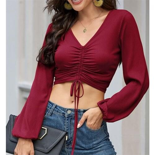 Women sexy short style autumn long sleeved t-shirts v-neck pleated drawstring solid casual pullover tops for ladies fashion