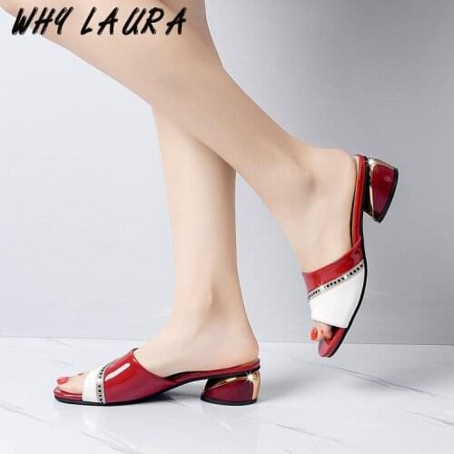 Womens slippers, leather, round toe, square heeled shoes, womens sliding, summer fashion, outdoor matching slippers, womens s