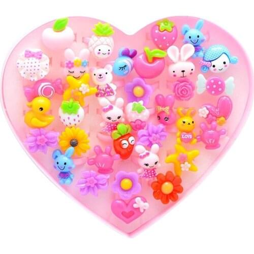 36PCS Kids Cartoon Resin Rings with Heart Shaped Display Case Dress Up Rings Children toys Cute rings Gift for children Toy girl