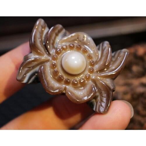 Big Treasure Talisman Magic Power Tibetan Onyx Sculptural Lotus Flower Large Pendant Amulet Carving LK Timestown