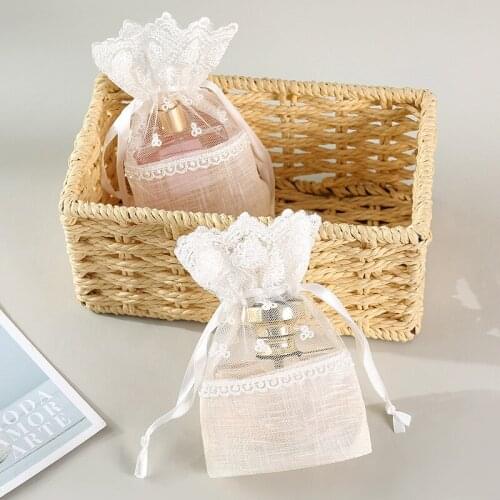 White Elegance Wedding Souvenir Gift Bag Hand Splice Butterfly Embroidery Flowers Lace Drawstring Bag Jewelry Packaging10x14cm