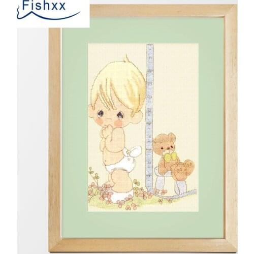 Fishxx Cross Stitch 14CT Kit European style childrens bedroom paintings H011 Baby and Teddy Bear measure height